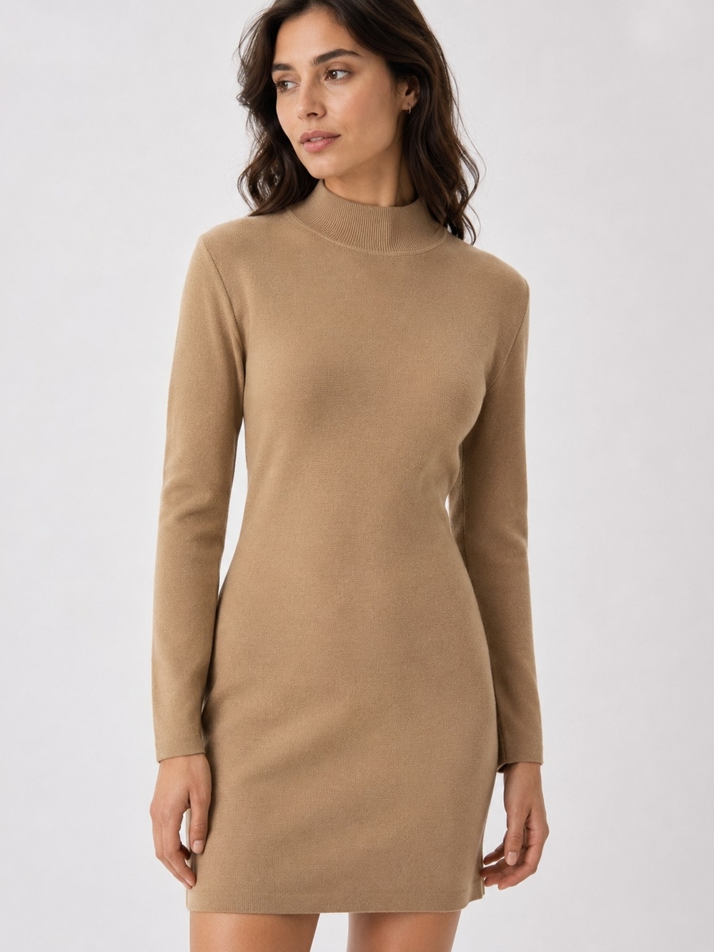 Country Road 100% Wool Sweater Dress Women Camel Mock Neck Long Sleeve